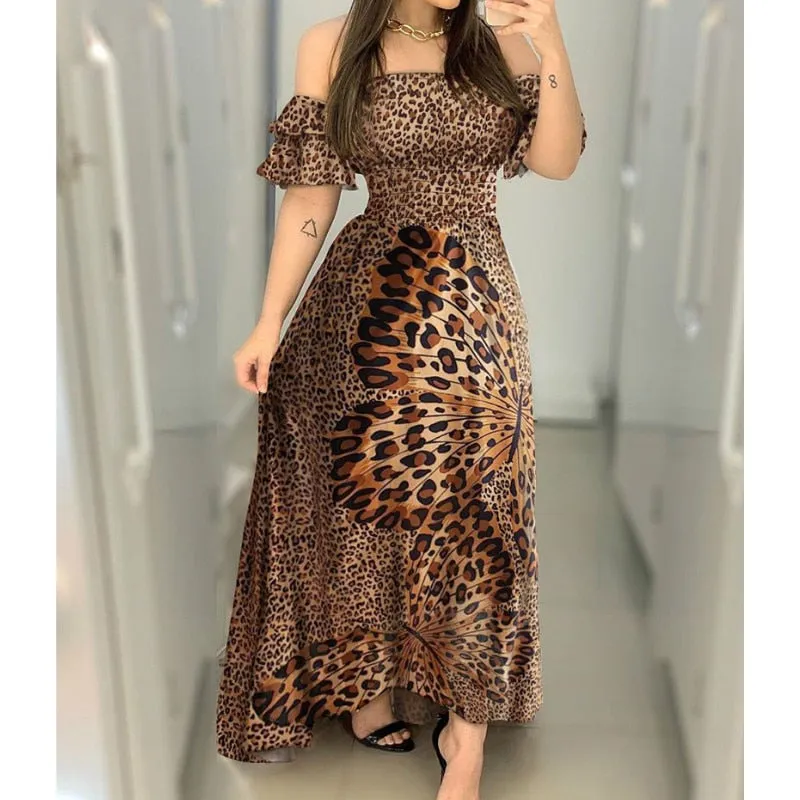 Off- Shoulder Lady Ruffle Leopard Flare Sundress