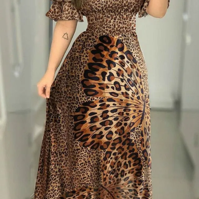 Off- Shoulder Lady Ruffle Leopard Flare Sundress