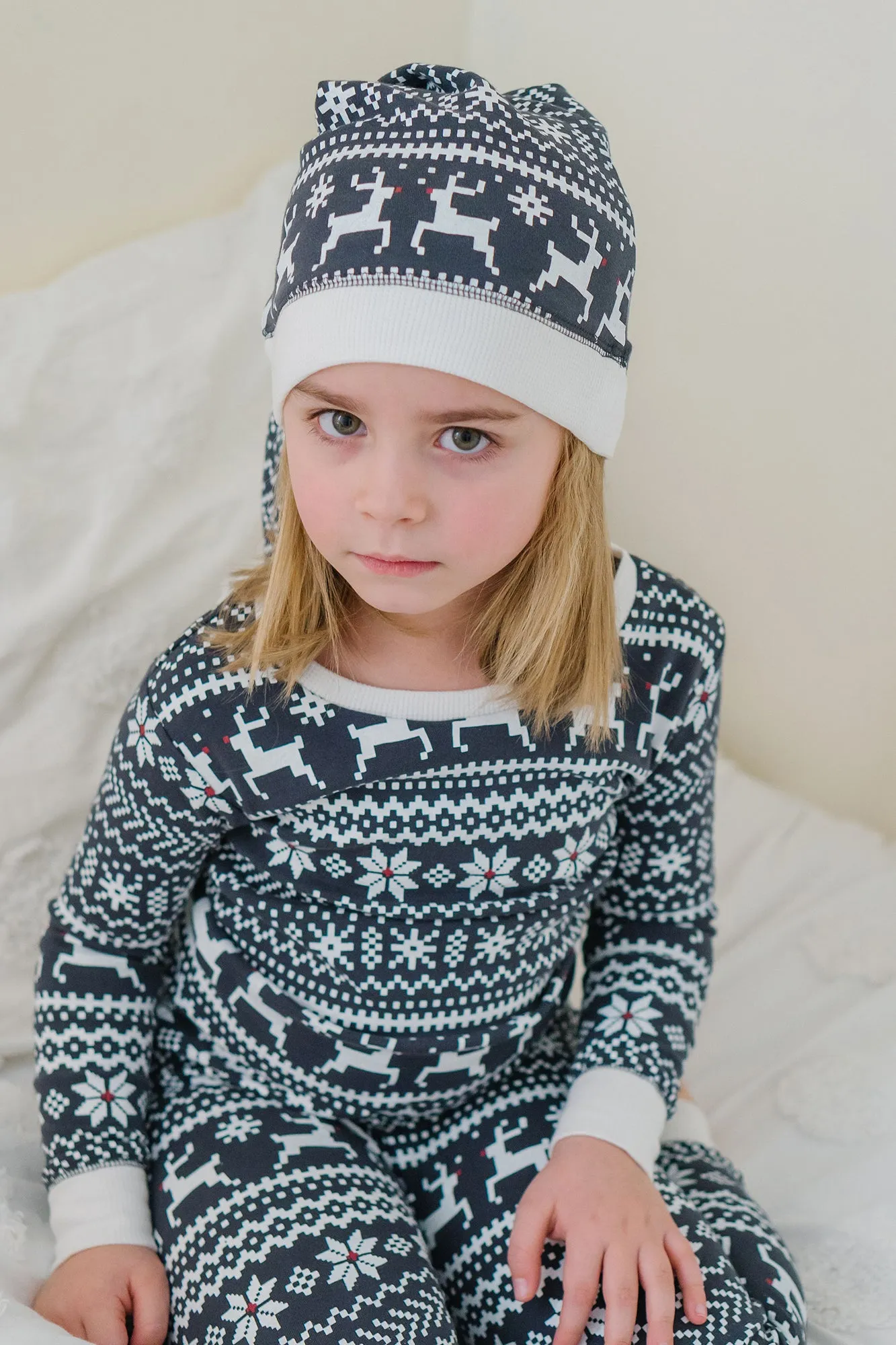 Organic Holiday Kids' PJ & Cap Set in Rudolph