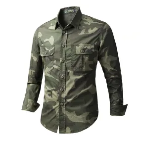 Outdoor Camo Cargo Lapel Long Sleeve Men Shirt