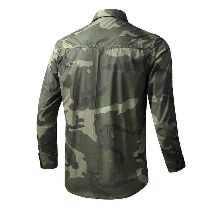 Outdoor Camo Cargo Lapel Long Sleeve Men Shirt