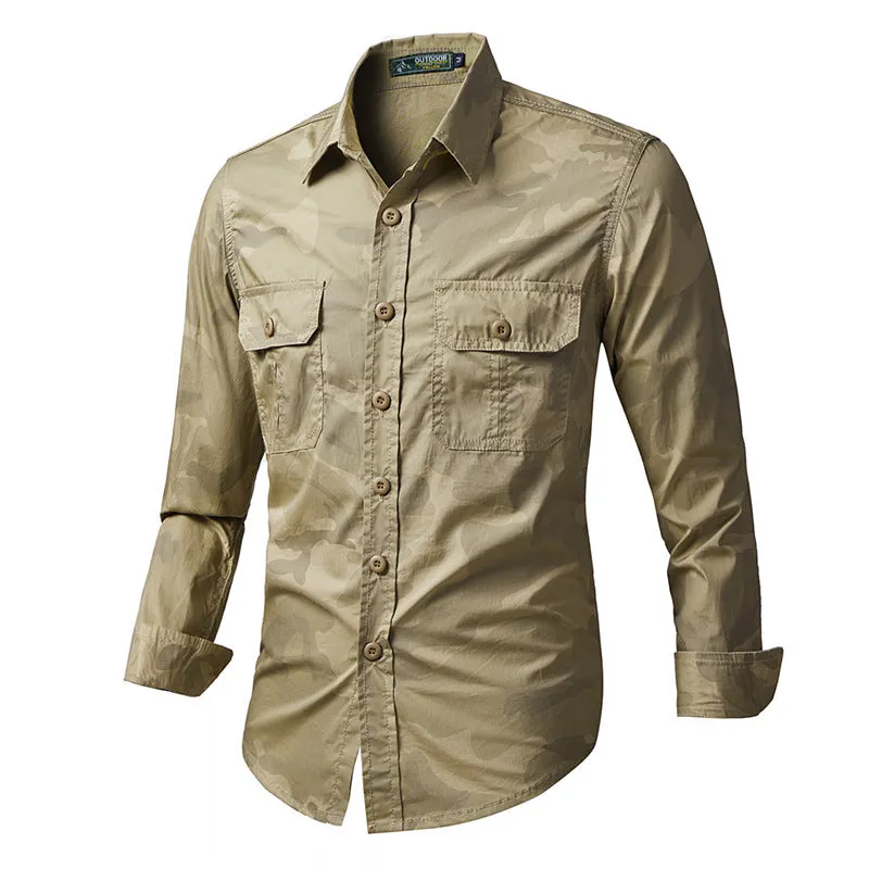 Outdoor Camo Cargo Lapel Long Sleeve Men Shirt