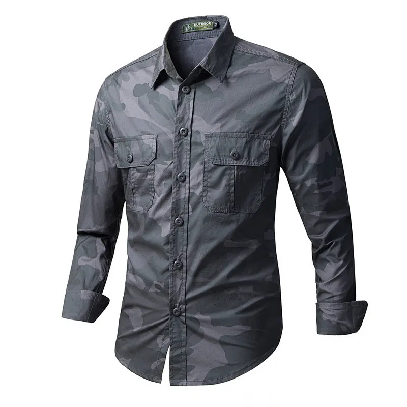 Outdoor Camo Cargo Lapel Long Sleeve Men Shirt