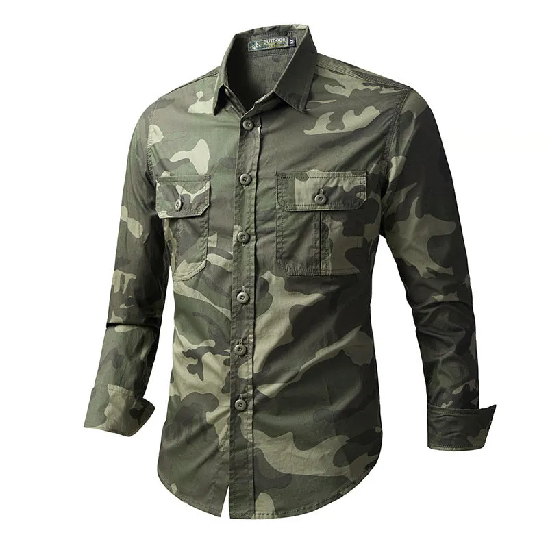 Outdoor Camo Cargo Lapel Long Sleeve Men Shirt