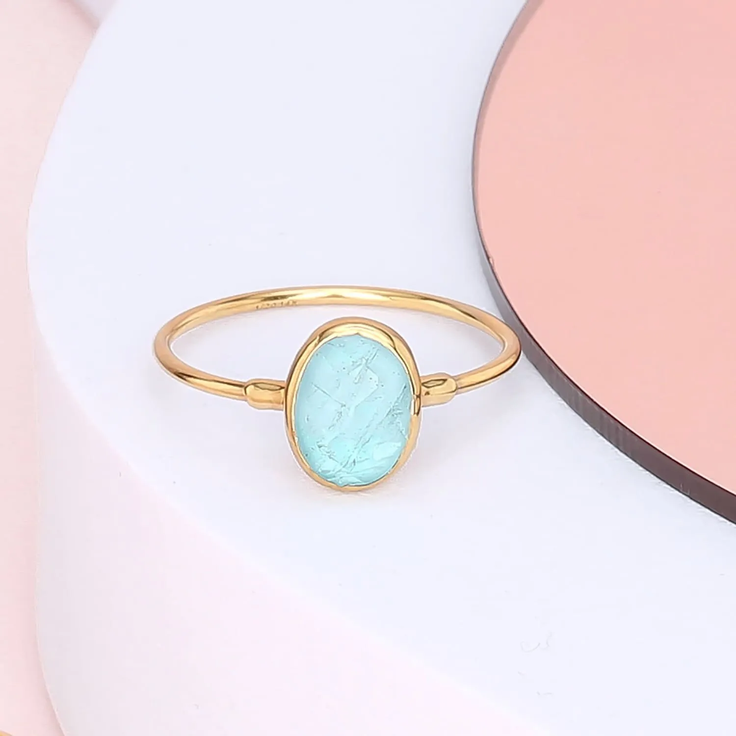 Oval Rosecut Raw Aquamarine Ring, Aquamarine Jewelry, Gold Ring,