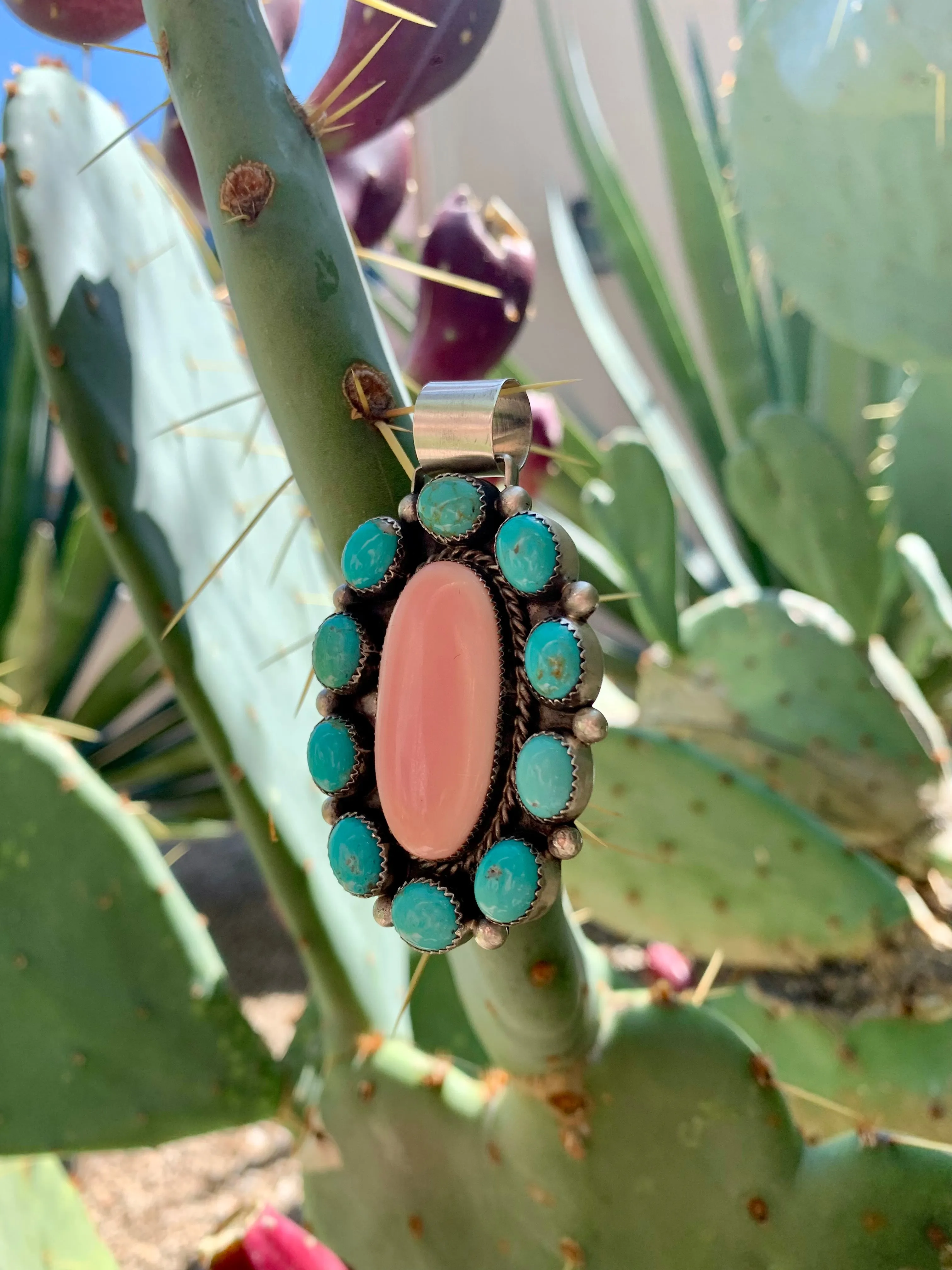 Pink Conch Shell & Turquoise Cluster pendant