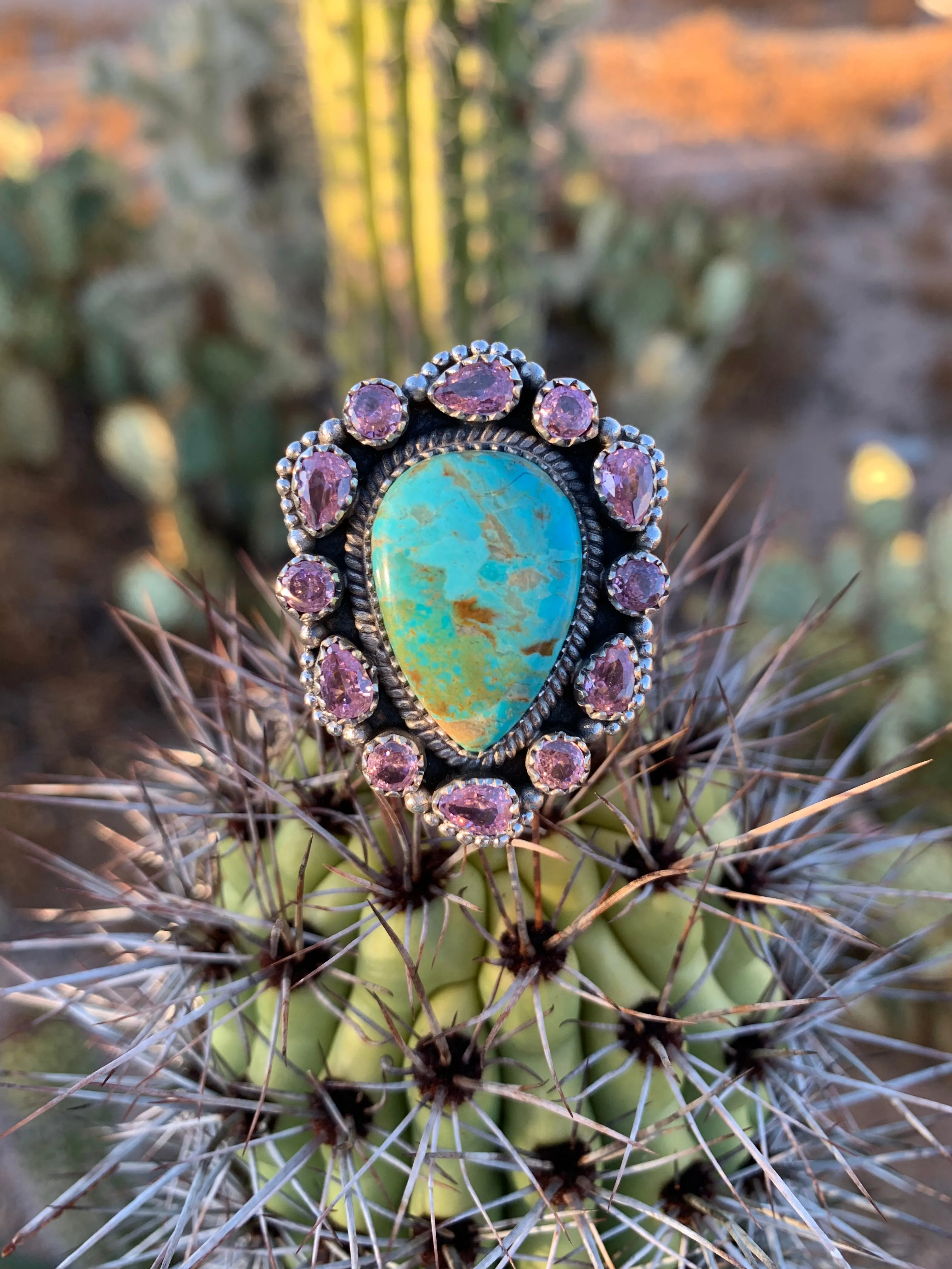 Pink Cubic Zirconia & Turquoise Adjustable ring