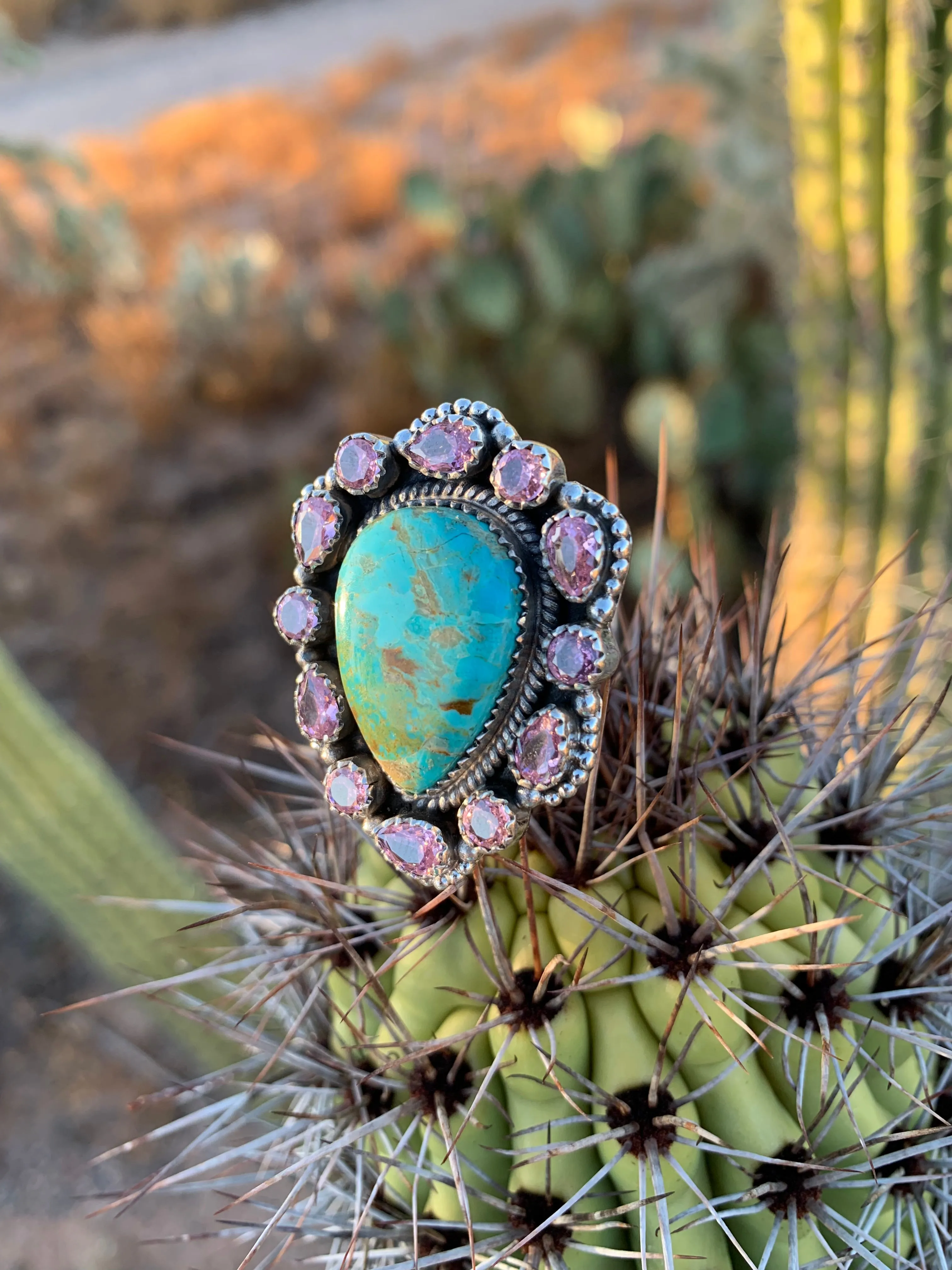 Pink Cubic Zirconia & Turquoise Adjustable ring