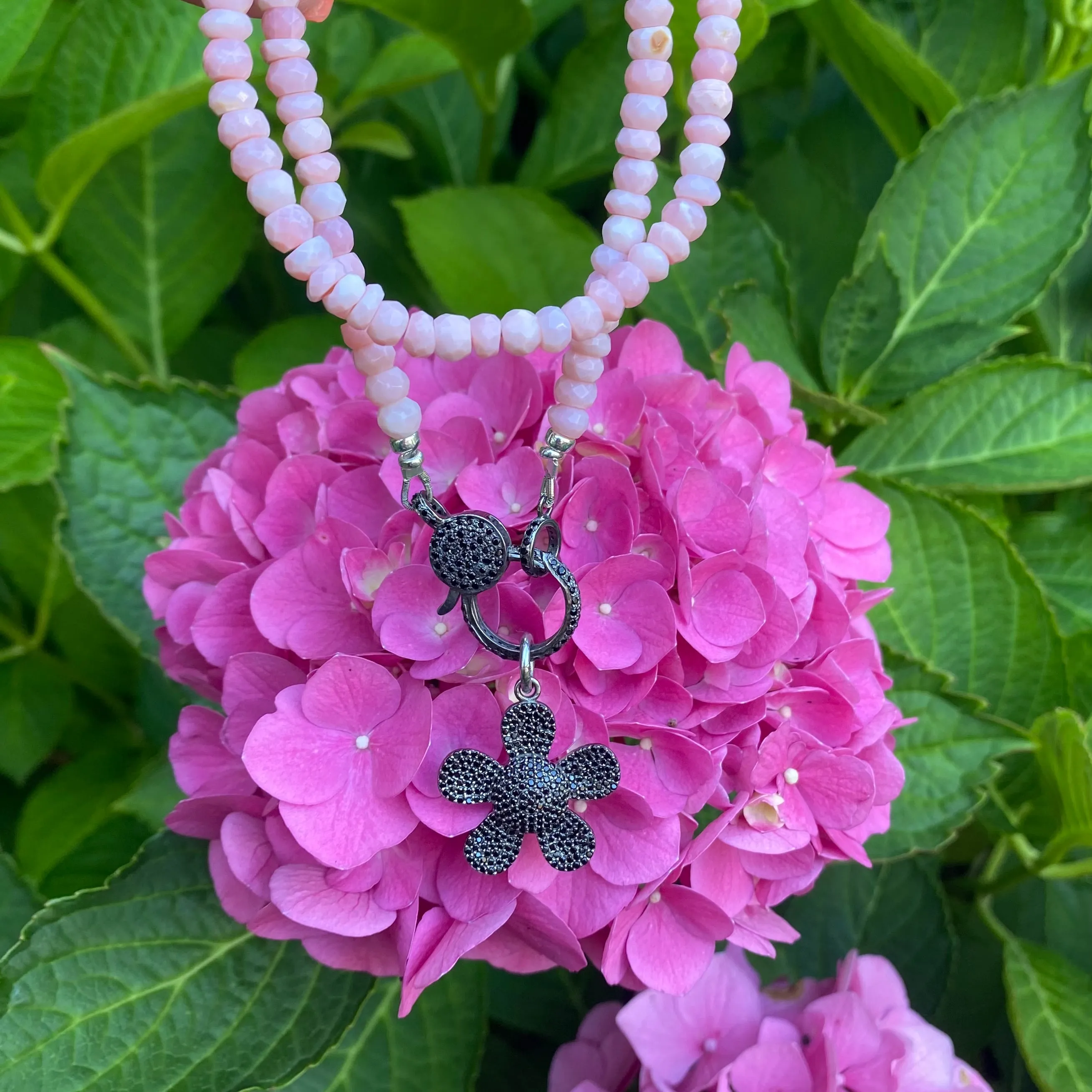 Pink Opal Necklace & Black Spinel Pave Lobster Clasp, Removable Daisy Pendant, Oxidized Silver, 21.5in