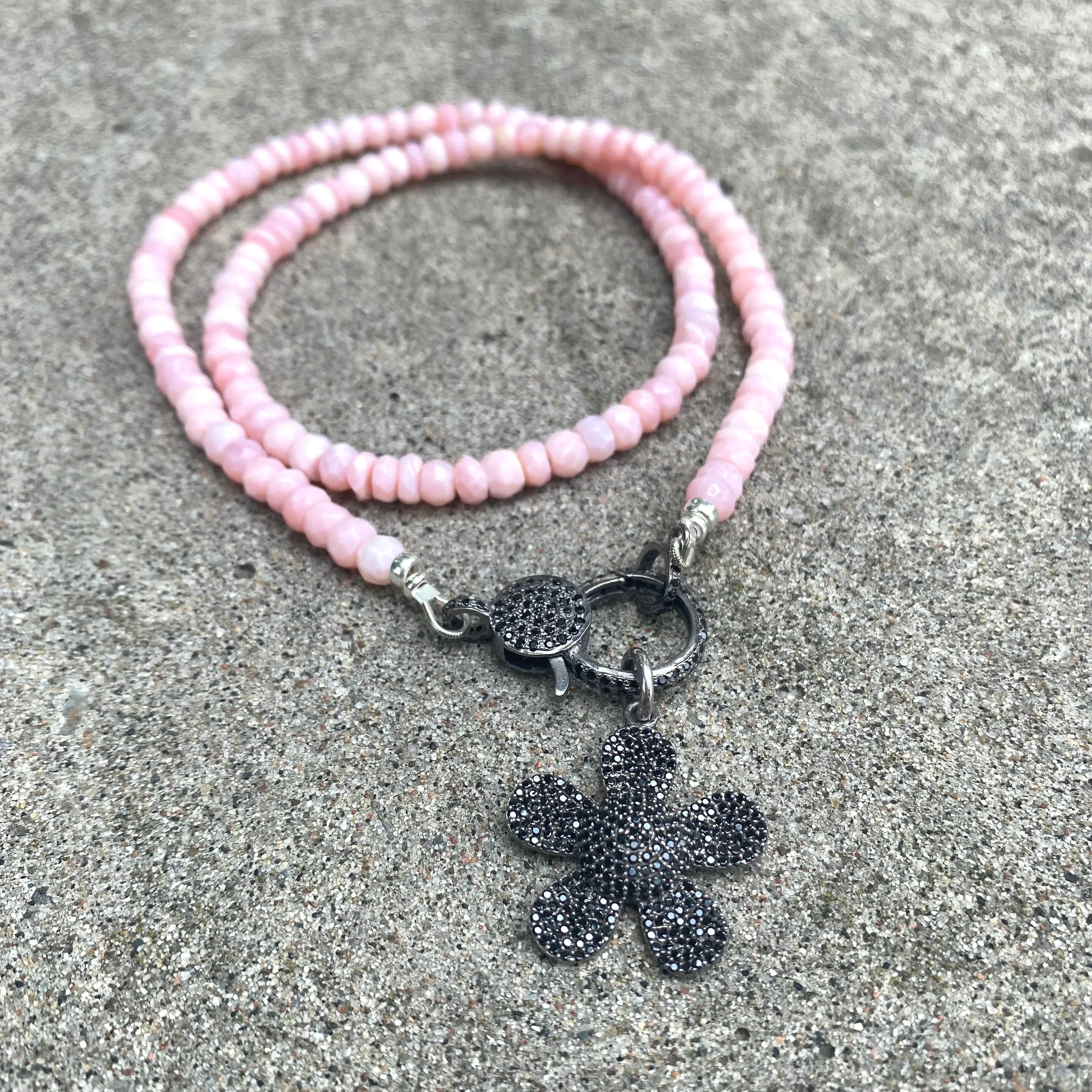 Pink Opal Necklace & Black Spinel Pave Lobster Clasp, Removable Daisy Pendant, Oxidized Silver, 21.5in