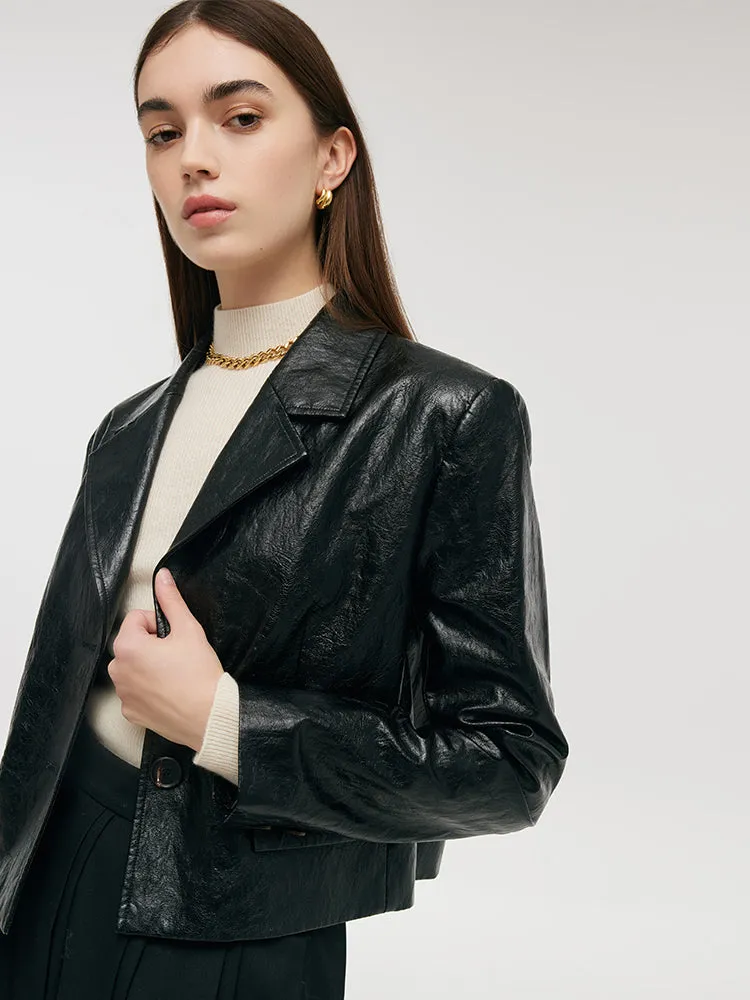 PU Leather Lapel Single-Breasted Women Crop Jacket