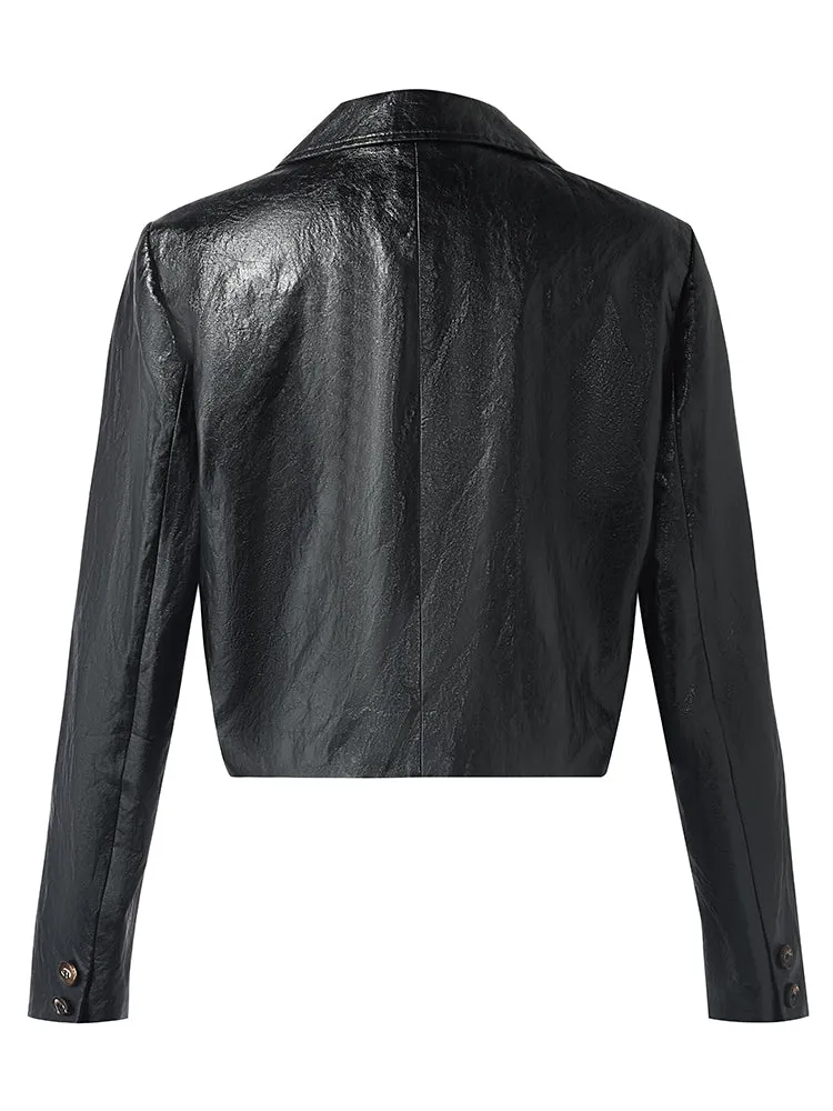 PU Leather Lapel Single-Breasted Women Crop Jacket