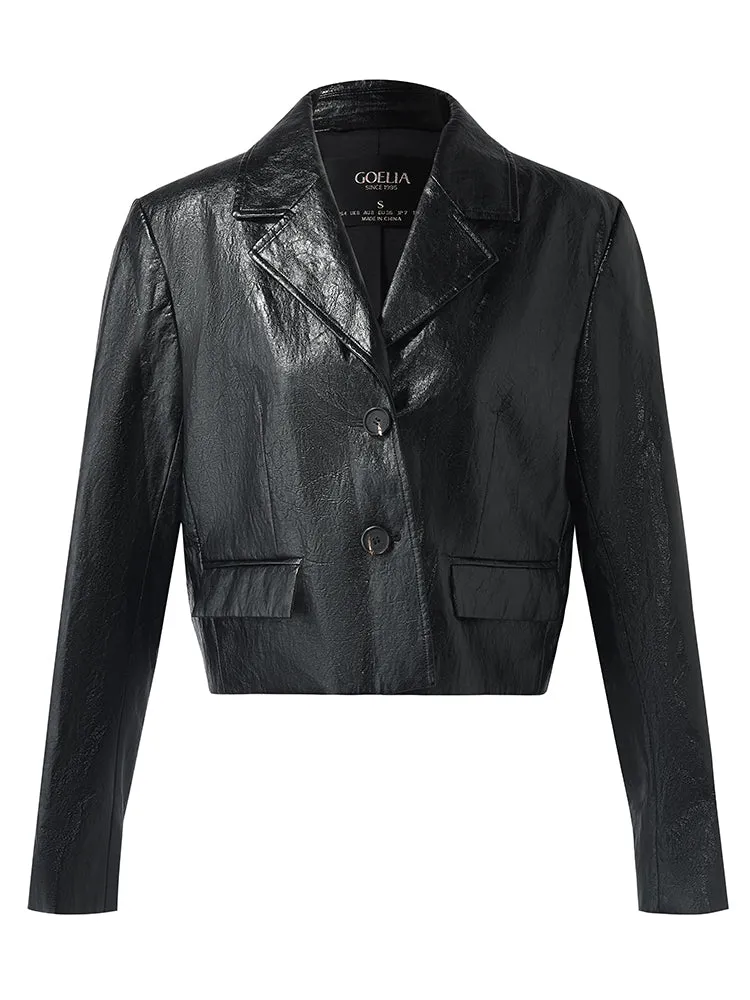 PU Leather Lapel Single-Breasted Women Crop Jacket