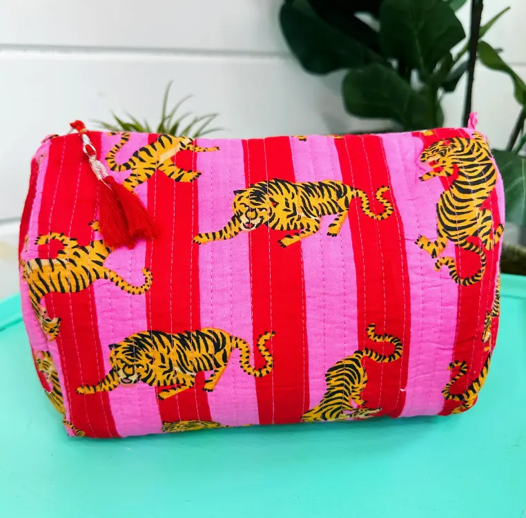 Quilted Cosmetic Bag | Red Pink Stripe Tigers