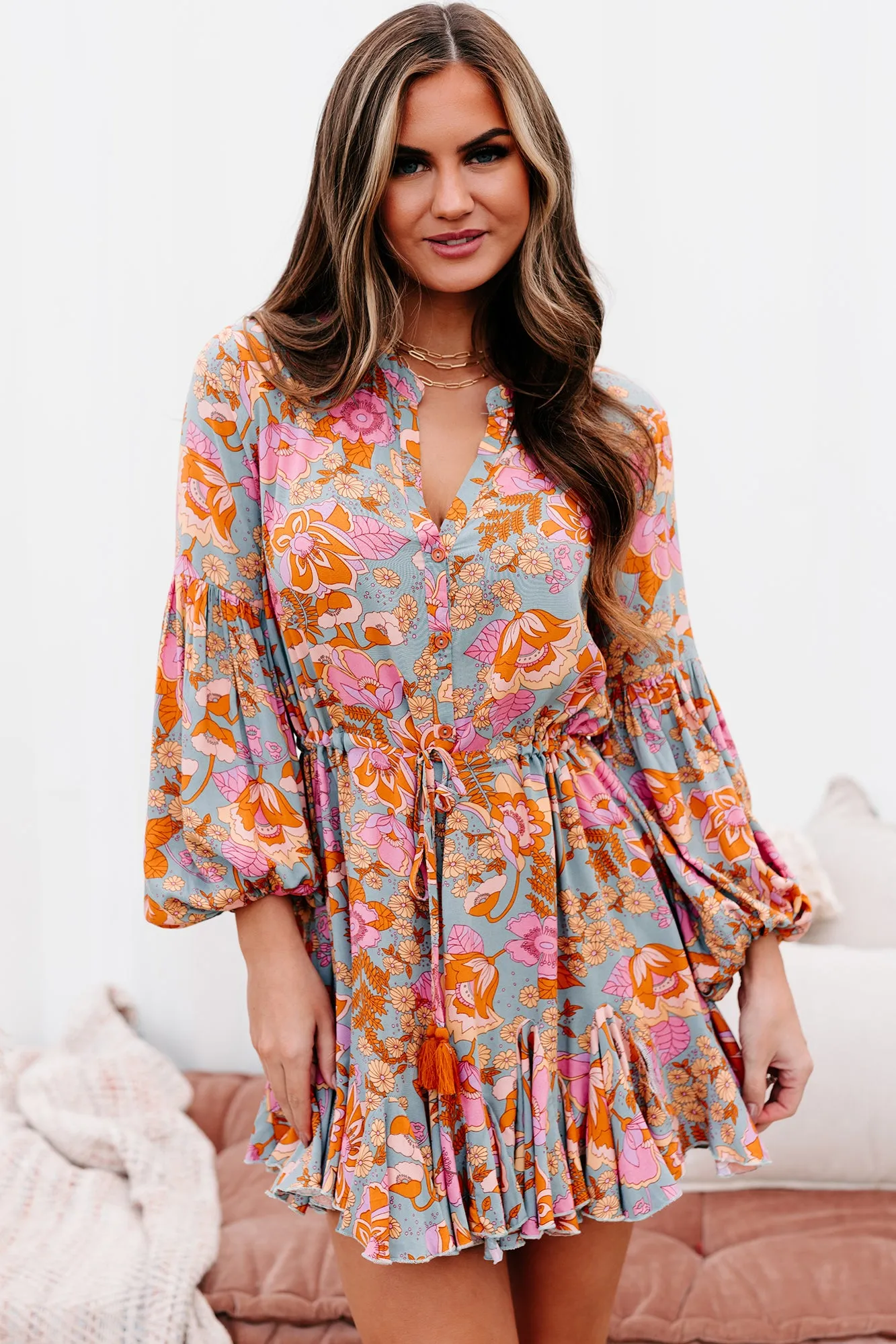 "Dancing Queen" Ruffled Floral Long Sleeve Dress (Vintage Sage/Multi)