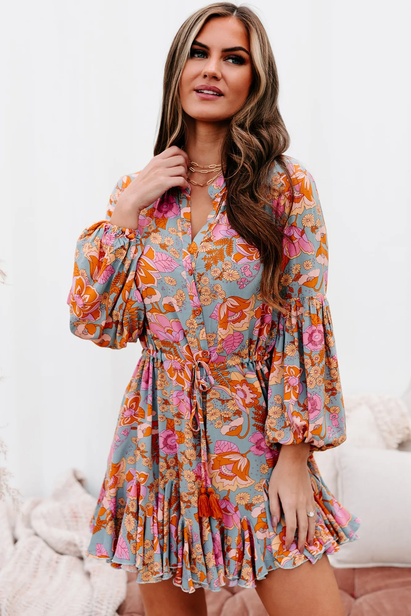 "Dancing Queen" Ruffled Floral Long Sleeve Dress (Vintage Sage/Multi)