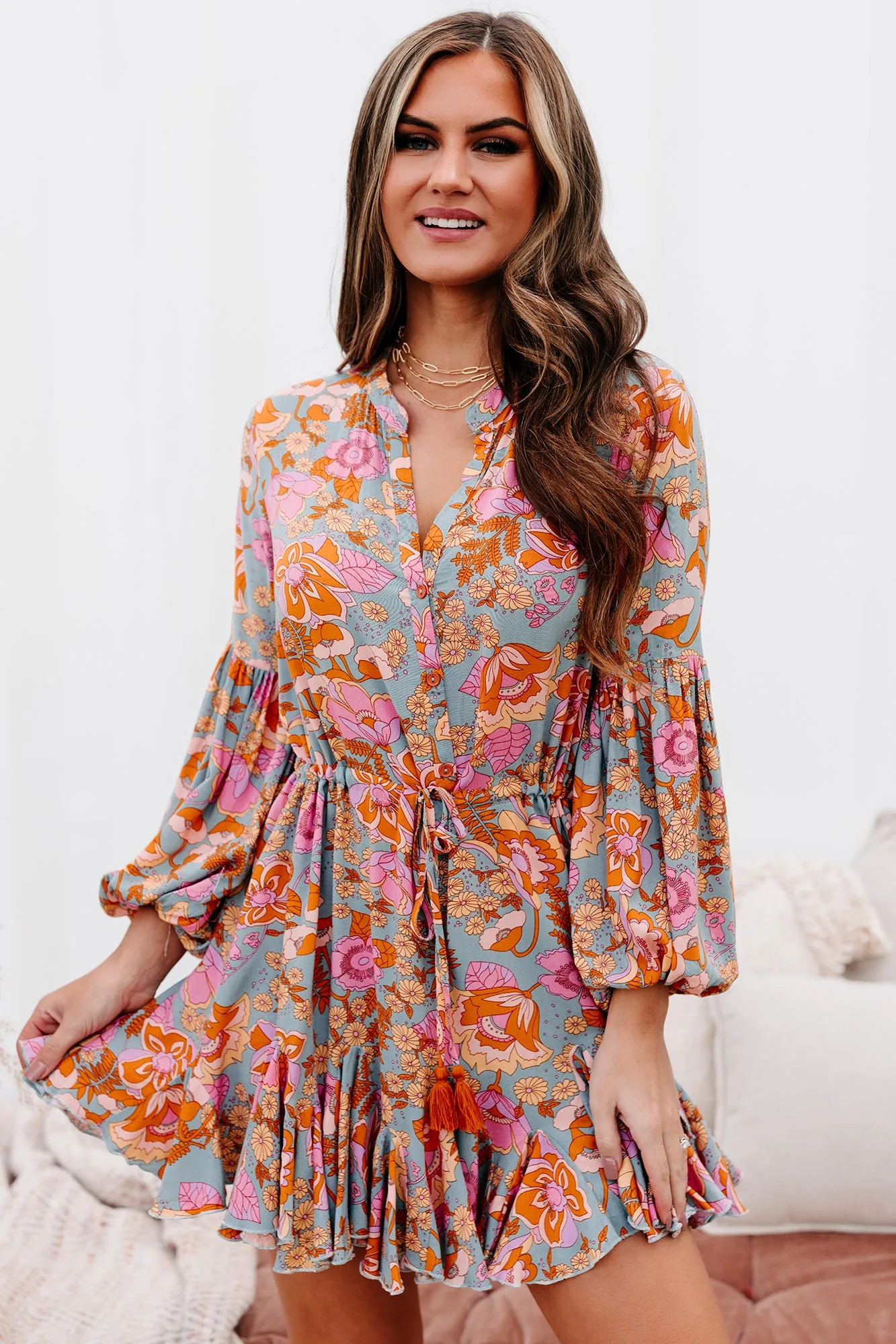 "Dancing Queen" Ruffled Floral Long Sleeve Dress (Vintage Sage/Multi)