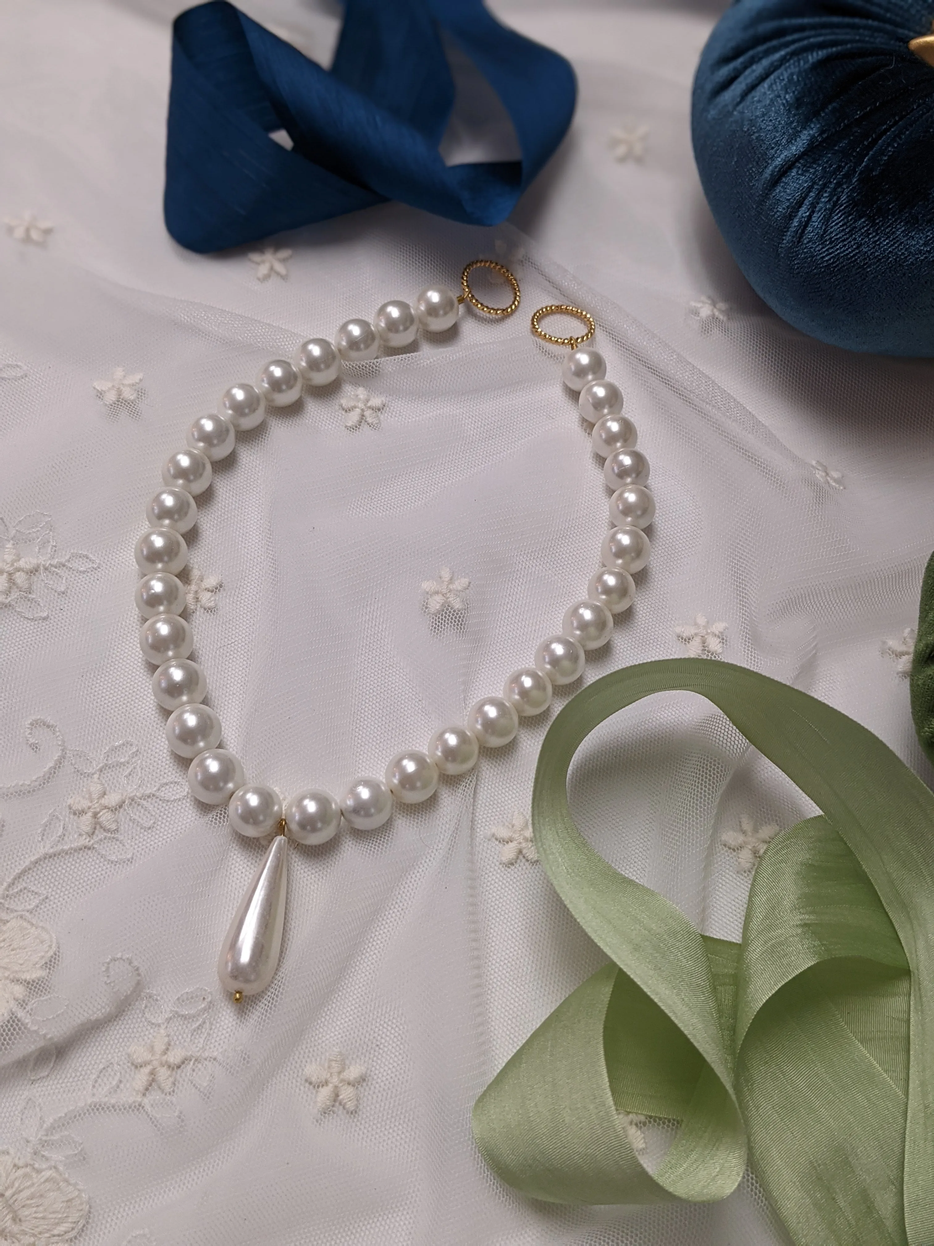 Shell Pearl Necklace - Single Strand with Long Teardrop