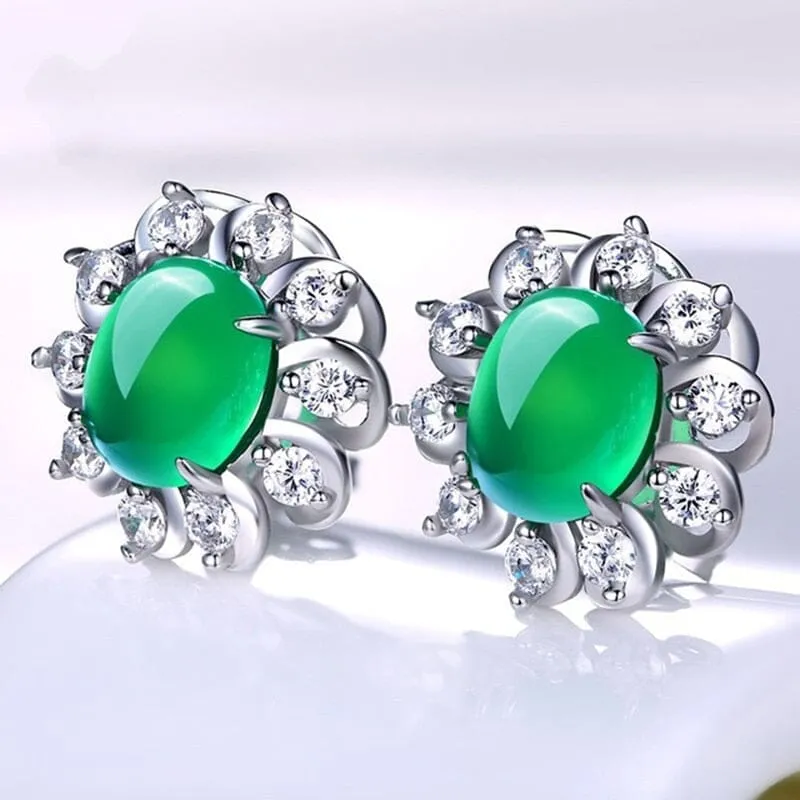 Simple Silver Green Jade Chalcedony Stud Earrings