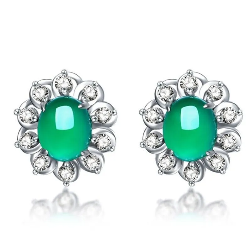 Simple Silver Green Jade Chalcedony Stud Earrings