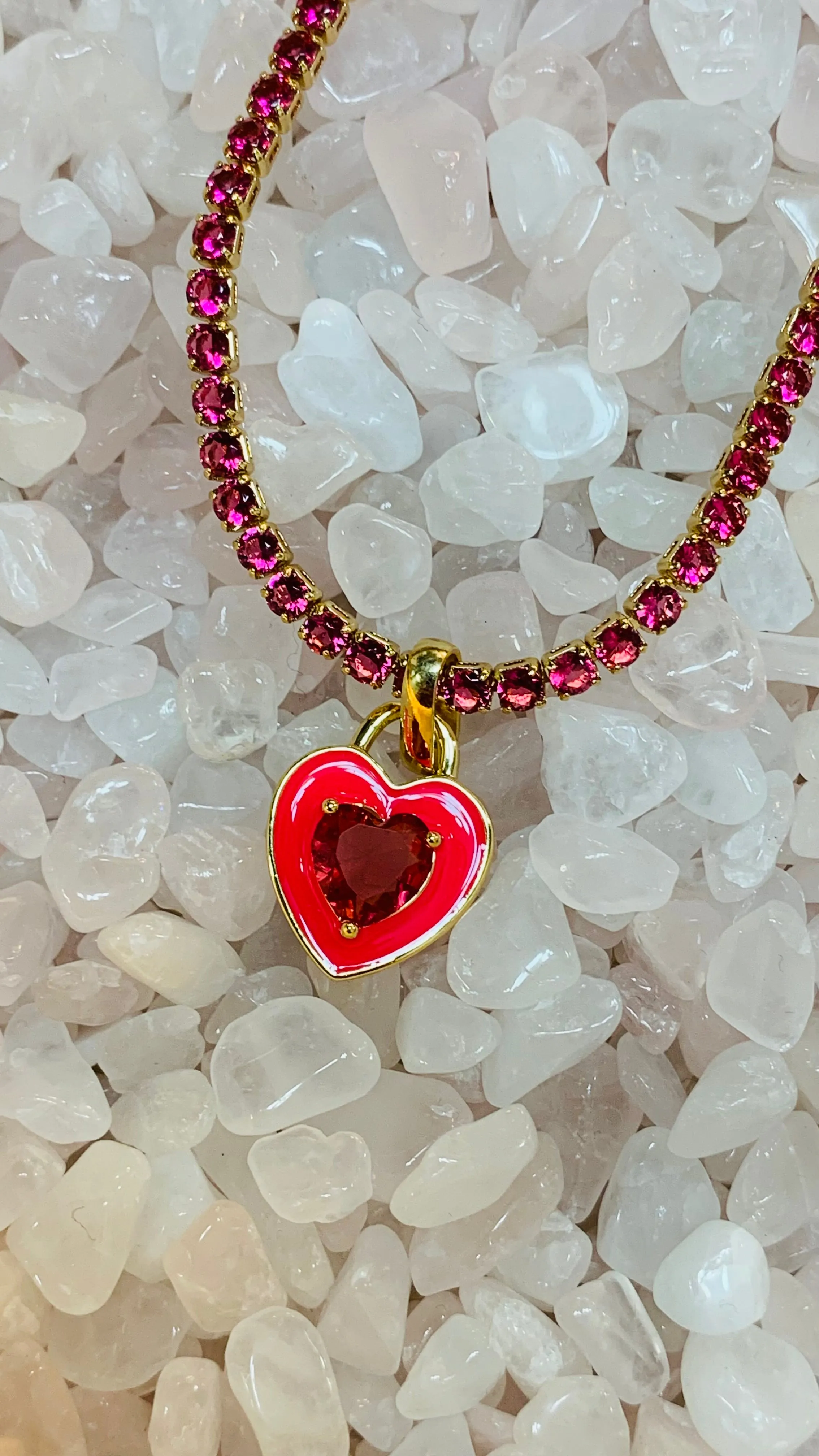 Stone Cold Heart Rhinestone Necklace, Pink