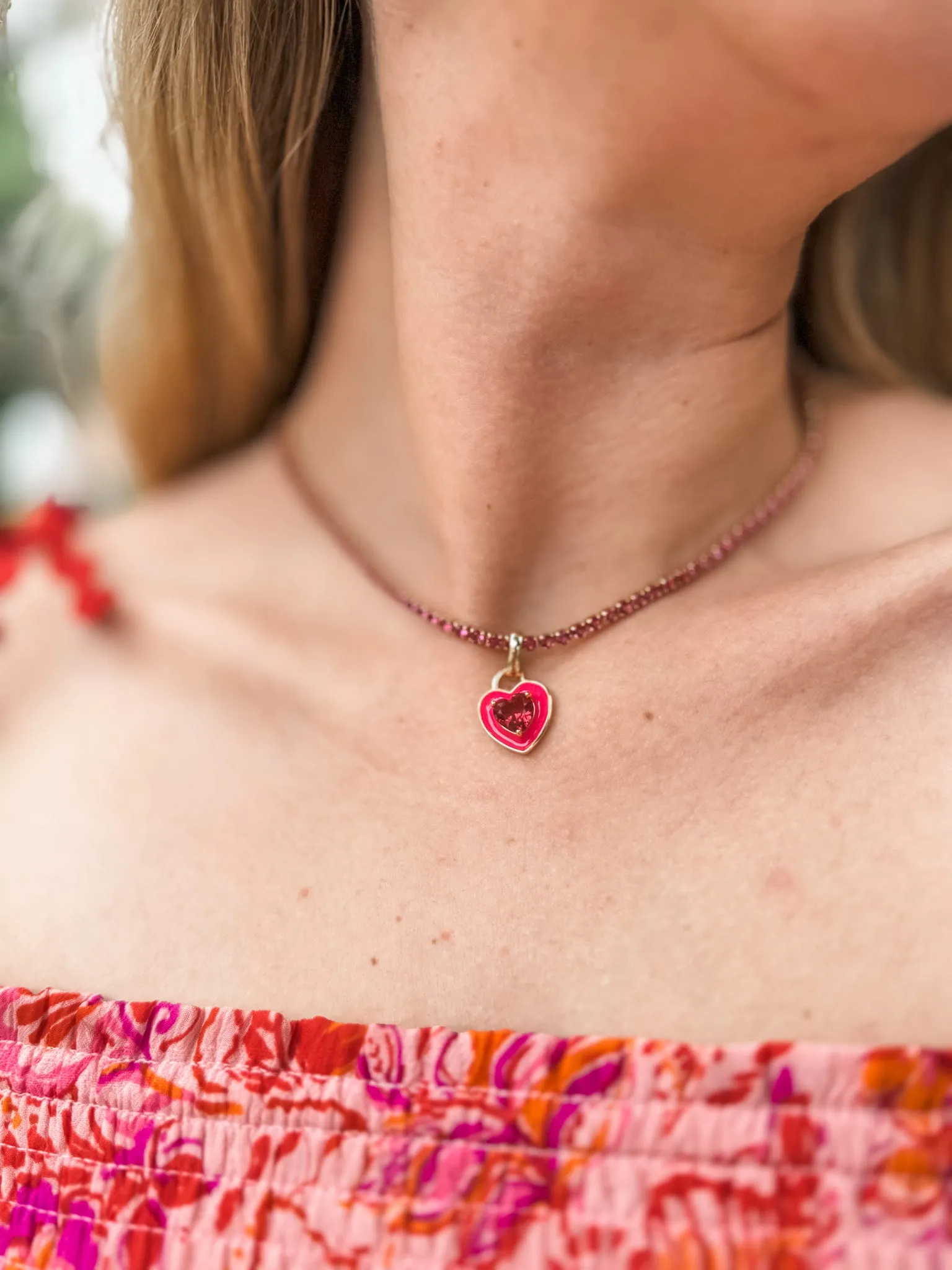 Stone Cold Heart Rhinestone Necklace, Pink