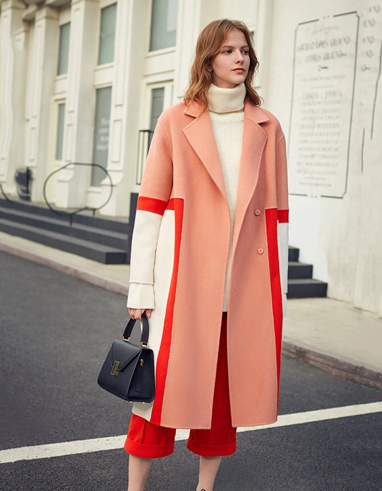 Women Wool Overcoat,85% wool Coat,Stitching contrast Coat,Cascade Collar Double Face Wool Coat,Oversize Wool Wrap Coat,Wool Blend Coat